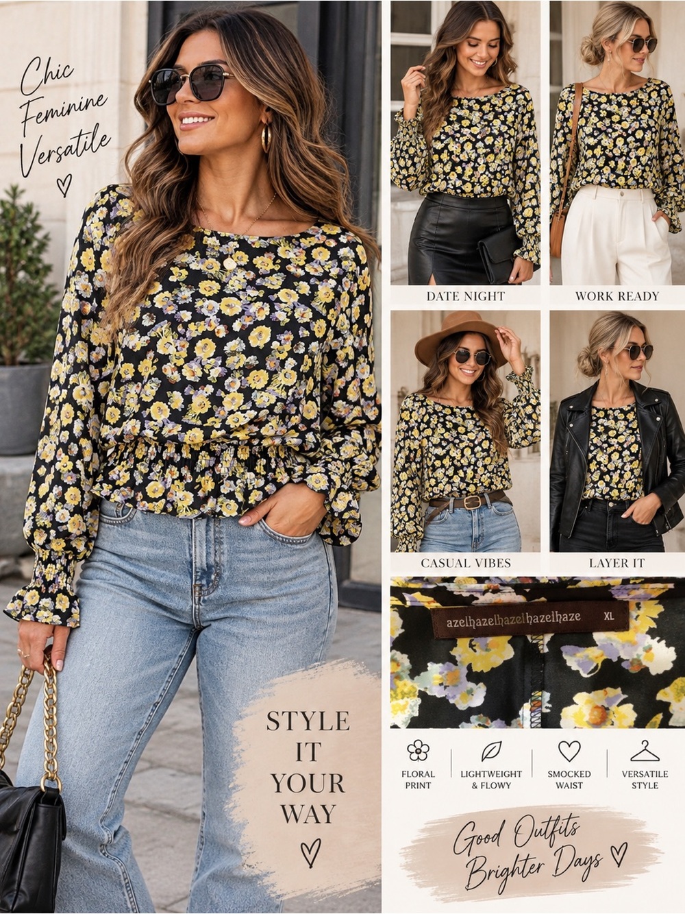 Hazel Floral Smocked Waist Blouse XL Black Yellow Boho Romantic Long Sleeve